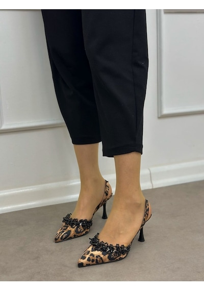 Ervanın Butiği Leopar Saten Cecily İnci Detay Kadın Stiletto-6234