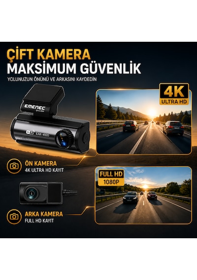 Emenec Eak-4100 4k Ultra Hd Akıllı Çift Araç İçi Kameras Seti - Türkçe Menü Ve Uygulama, Gps, Wi-fi, Park Modu + 64gb Kart
