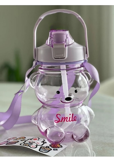 Smile Ayıcıklı Renkli 1000 Ml Matara Su Şişesi Suluk Tritan Bpa Içermez Sticker Hediyeli Biri Büyük Biri Küçük 2adet Çok Renkli