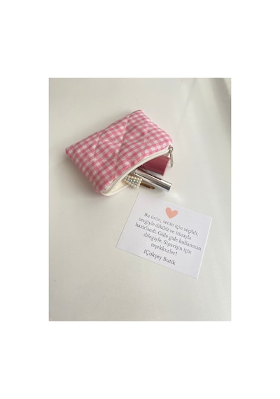 Pembe Pötikare Kapitone Mini Boy Makyaj Çantası - Mini Cüzdan Pembe