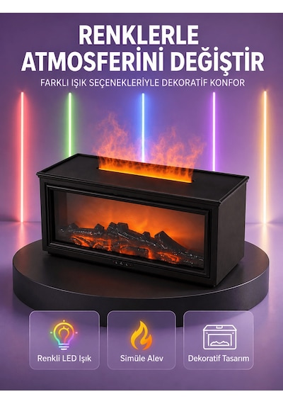 Şömine Görünümlü Hava Nemlendirici Renkli Led Işıklı Aroma Difüzö