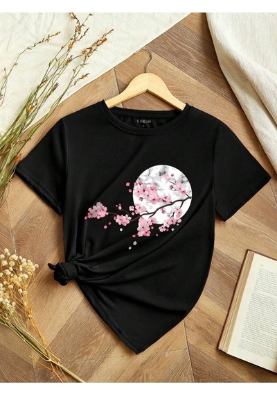 Flood Of Style Kadın Siyah Kiraz Çiçeği Baskılı Oversize