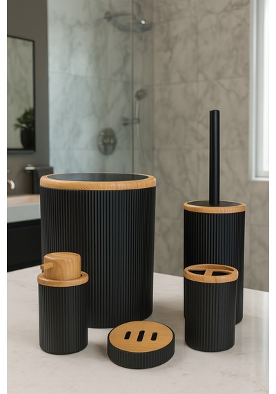 Makri Home 5 Parça Banyo Seti, Bambu Desen Siyah, Çöp Kovası, Fırçalık, Sıvı Sabunluk, Diş Fırçalık, Sabunluk Siyah