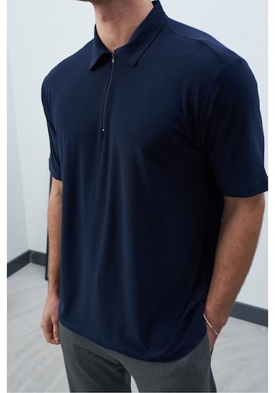 Baselco Polo Yakalı Fermuarlı Fresh Vizkon T-shirt - Tiril Tiril Esnek Lacivert