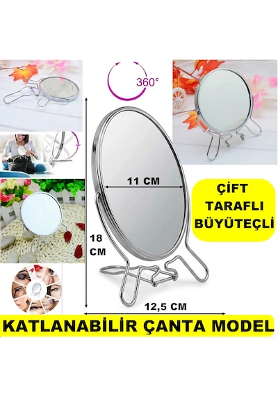 Çift Taraflı Büyüteçli Ayna, 15 Cm Makyaj Aynası, Metal Çerçeve Ve Ayaklı Masa Üstü Makyaj Aynası Gümüş