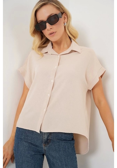 Defymoda Oversize Kısa Kol Gömlek 20322 - Krem Krem