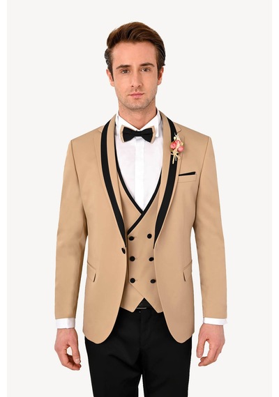 Ysf Erkek Bej Slim Fit Yelekli Şal Yaka Damatlık