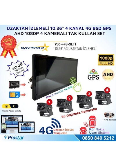 Uzaktan İzlemeli 10.36 İnç 4 Kanal 4g Gps Bsd Kör Nokta Uyarı Sistemli Profesyonel Araç Kamera Seti