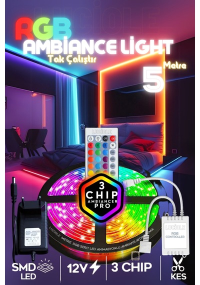Tv Arkası Yatak Çocuk Odası Mutfak Salon Rgb Şerit Led Tak Çalıştır Uzaktan Kumandalı 5 Metre