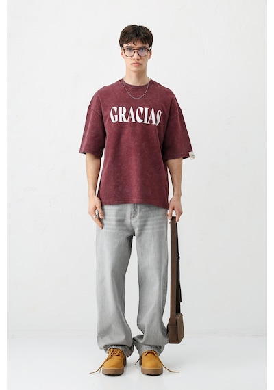 Vamos Oversize Baskılı Tişört V70-143 Bordo