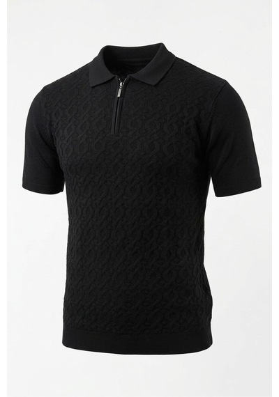 Onno Pamuklu Fermuarlı Desenli Triko Tshirt Siyah