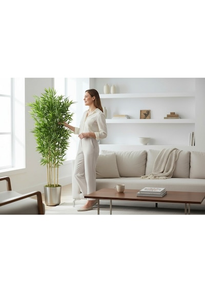 Yapay Bambu Ağaç 150 Cm 6 Dallı Yogun Yaprak Metal Gümüş Saksı Yeşil