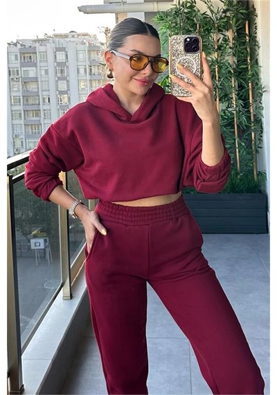 Neşeli Butik Kadın Kapüşonlu Şardonlu Eşofman Takımı Gts020 - Bordo Bordo