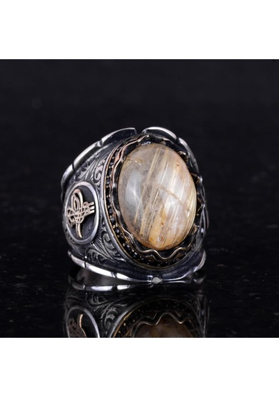 Cabochon Doğal Altın Rutilat Kuvars Taş Yüzük, Mistik 925 Ayar Saf Gümüş Erkek Yüzüğü, Osmanlı Tuğra Yüzüğü Gümüş