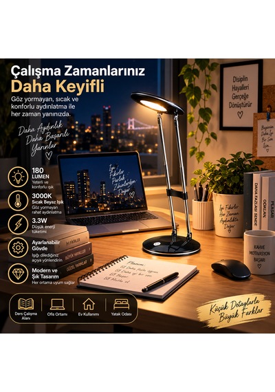 Led Masa Lambası 3.3w 180 Lumen 3000k Sıcak Siyah Ayarlanabilir Başlıklı Çalışma Ve Ders Lambası