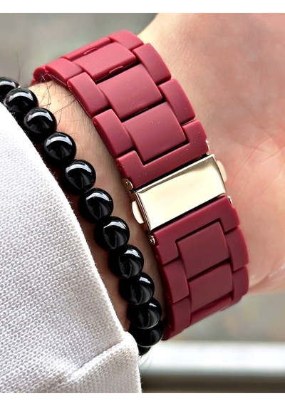 Premium Tasarım Silikon Kordon Exclusive Serisi Metal Kasa Erkek Kol Saati-bileklik Hediyeli Bordo
