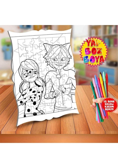 Uğur Böceği İle Kara Kedi Çocuk Boyama Puzzle Tablo-coloring