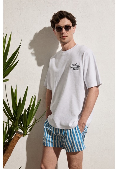 Grimelange Calıdo Erkek Organik Pamuklu Baskı Ve Nakışlı Bisiklet Yaka Oversıze Beyaz T-shirt Beyaz