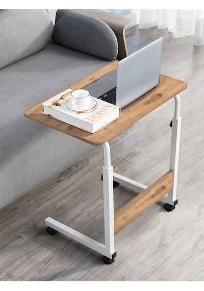 Yükseklik Ayarlı Laptop Sehpası - Atlantik Çam Beyaz Tekerli 60x40 Oval Kenar Atlantik - Beyaz