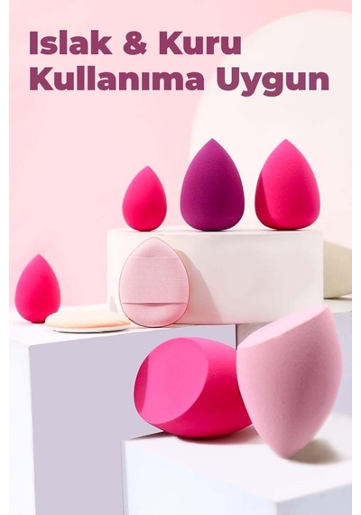 8 Li Makyaj Süngeri Seti Damla & Kesik Damla + Parmak Bantlı Pudra Pufu, Kavanoz, Toka Hediyeli