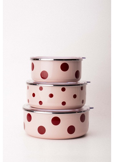 Emaylabxpeppythings Cherry Emaye Üçlü Saklama Kabı Seti Ocaklarda Kullanılabilir Pembe - Bordo