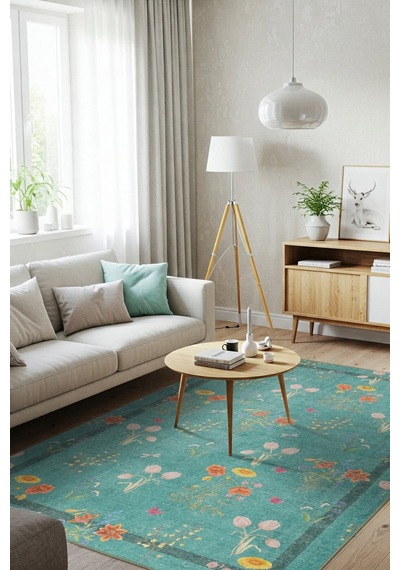 Artloop Florart Turkuaz / Turuncu Doğa Temalı Çiçekli Dokuma Tabanlı Modern Şönil Halı Al 491