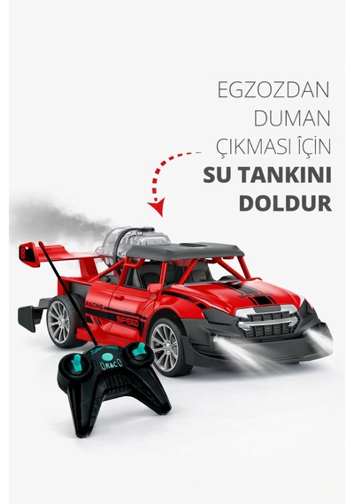 Kırmızı Uzaktan Kumandalı Şarjlı Duman Çıkartan Işıklı Araba Buhar Çıkaran Drift Atan Araba Kırmızı Kırmızı