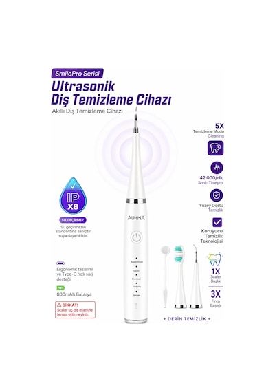 Exenar - Beyaz - Diş Taşı Temizleme Cihazı Şarjlı Diş Fırçası Sonik Ultrasonik Akıllı Diş Taşı Temizleyici 5 Mod Ipx8