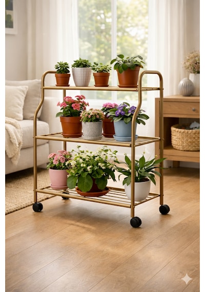 Modern Gold 3 Katlı Metal Tekerlekli Mutfak Ve Dekoratif Saksılık Çiçeklik Dayanıklı Raflı Stand-organizer Gold