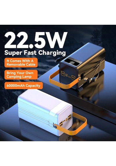 60000mah Entegre 4 Kablolu Powerbank Dijital Ekranlı Led Fenerli Hızlı Şarj Taşınabilir Şarj Cihazı-1206 BEYAZ