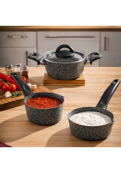 Porsima 4399 4 Parça Kaçerola Sosluk Sütlük Mini Granit Tencere Sahan Seti Gri 14cm Gri