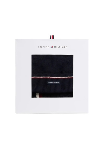 Tommy Hilfiger Rubberised Logo Beanie And Scarf Gift Set Lacivert Erkek Atkı Bere Seti