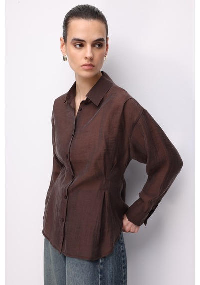 Mixray 4846 Kadın Belden Oturtmalı Hafif Transparan Basic Gömlek Kahve