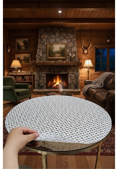 Sadece Örtüdür Pvc Silinebilir Yuvarlak Masa Ve Sehpa Örtüsü - Beyaz Modern Dantel Desenli