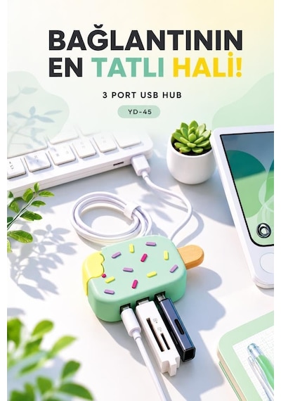 Tr Torima Dondurma Usb Hub Dağıtıcı 2.0 Usb + Type-c Port Çoğaltıcı Yd45 Su Yeşili