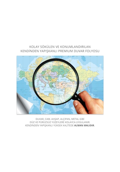 Plustablo Kendinden Yapışkanlı Eğitim Amaçlı Siyasi Dünya Haritası Duvar Stickerı 100x150 Cm. 1