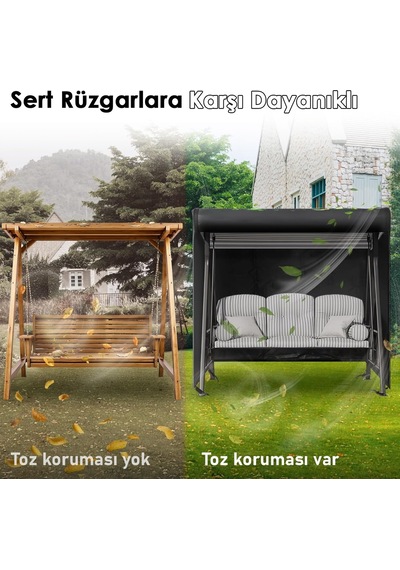 Bahçe Salıncak Koruma Örtüsü Üç Kişilik Tenteli Hamak Bahçe Salıncağı Koruma Kılıfı Su Geçirmez Branda Dayanıklı 210x125x170cm Siyah