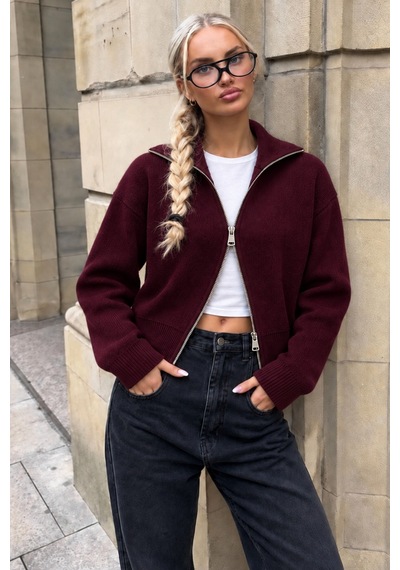 Cool Tarz Kadın Stardart Beden Çift Fermuarlı Dik Yaka Crop Triko Hırka Bordo Bordo