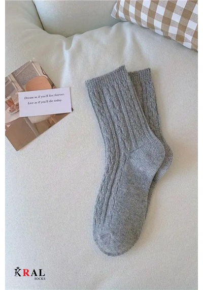 Kral Socks Kadın Yün Çorap 4 Çift Kışlık Termal Etkili Soft Yünlü Doku Gri