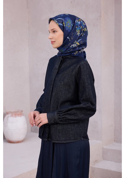 Belli Çiçek Desen İpek Twill Eşarp 4210d01 53 Lacivert