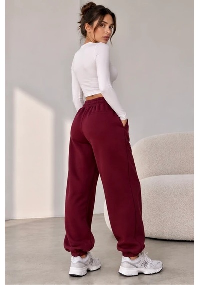 Bbbutikbasic Kadın İçi Polar Şardonlu 3 İplik Kalın Jogger Eşofman Altı My3535 Bordo