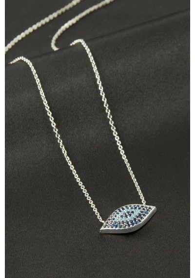Oval - 921 - Nazar Zirkon Taşlı Kolye - Kmrsfres - Gümüş Rengi