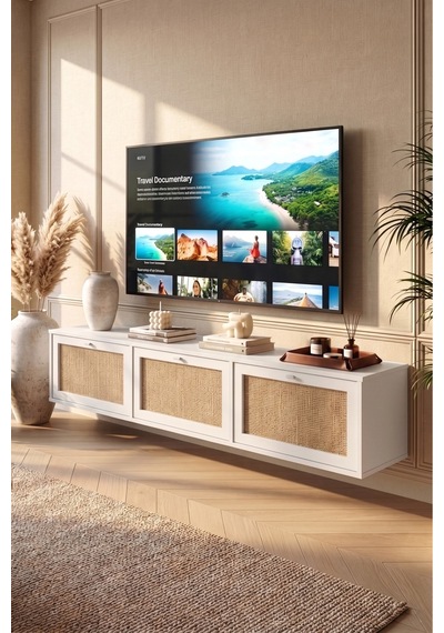 Dune Tv Ünitesi Sehpası Duvara Monte 3 Ahşap Jüt Kapaklı 180cm Beyaz-jüt Dn1-wj
