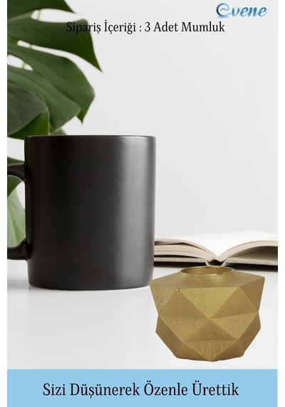 Mumluk Şamdan 3 Adet Tealight Ve İnce Mum Uyumlu Prizma Model - Altın
