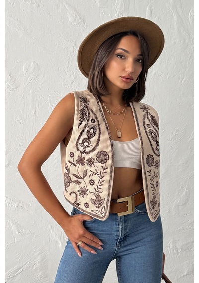 Verymoda Fitili Kadife Nakışlı Yelek Vmf2010 Taş
