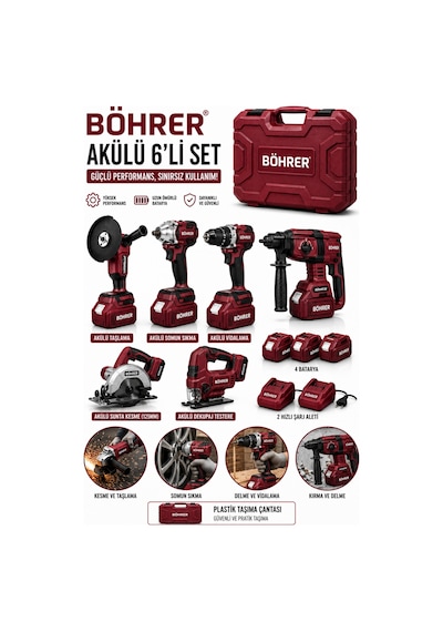 Böhrer Ba011386 Kombo 6 Set +4 Batarya Ve 2 Şarj Aleti - Taşlama+somun+kırıcı+vidalama+dekupaj+sunta