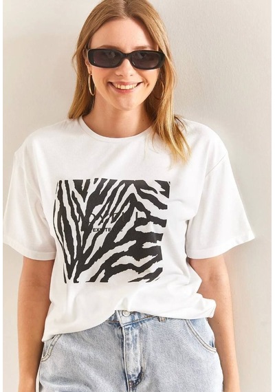 Baskılı Basic Bisiklet Yaka Örme T-shirt- Önü Siyah