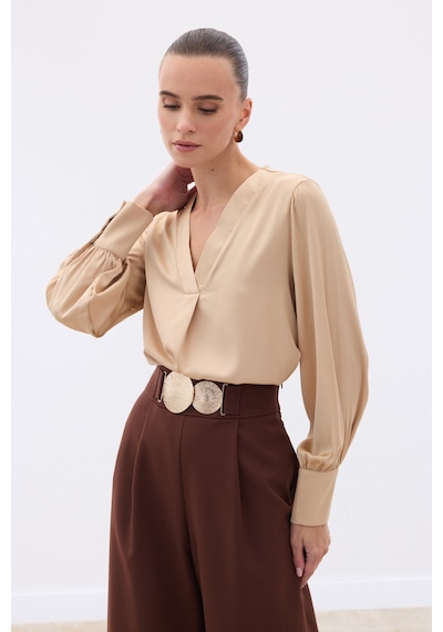 Sateen V Yaka Saten Bluz - Camel-130513 CAMEL