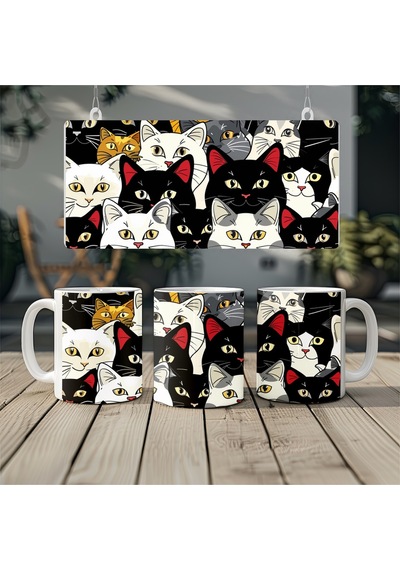 Sevimli Kedi Figürleri İle Kupa Bardak Çoklu Full Kedi Tasarımları - Hediye Kupa Modelleri Beyaz
