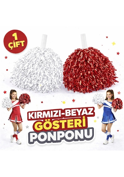 1 - 820 - Çift 2 Adet Kırmızı-beyaz Renk 23 Nisan 19 Mayıs 29 Ekim Okul Gösteri Ponponları - Csmo-tex - Ekstra Dolgun